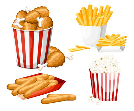 Big group of fast food products. Vector illustration isolated on white background. Set of cheese stick, popcorn, french fries, fried chicken in strip bucket.