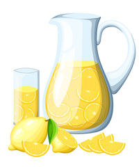 Lemonade in the glass pitcher. Lemon with leaves whole and slices of lemons. Decorative poster, emblem natural product, farmers market. Isolated on white background.