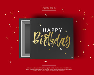 Opened Black Cardboard Package Mock Up Box. Gift box with Happy Birthday Golden Lettering Sign on Beautiful Red Background