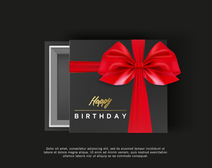 Black vector gift box, bows and ribbons. Happy Birthday present box