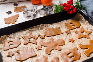 Fototapeta na wymiar Christmas food, vintage baking tray and gingerbread cookies