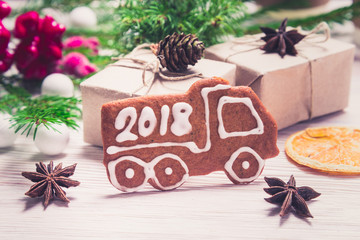 New Year decoration gingerbread truck with Year 2018