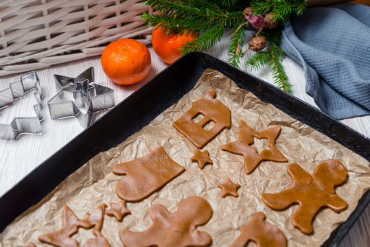 Christmas food, vintage baking tray and gingerbread cookies