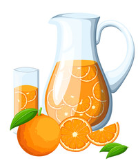 Orange fruit drink in the glass pitcher. Orange with leaves whole and slices of oranges. Decorative poster, emblem natural product, farmers market. Isolated on white background.