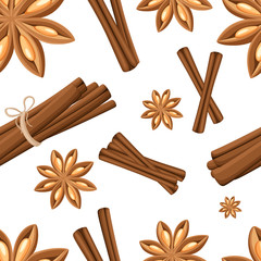 Cinnamon stick, star anise, anise and cardamom vector. Isolated icons on white background. Seamless illustration.