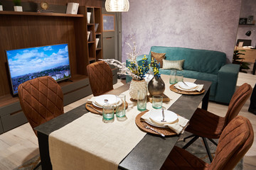 Living room in house with large dining table
