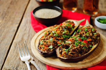 Minced meat quinoa vegetables stuffed eggplants