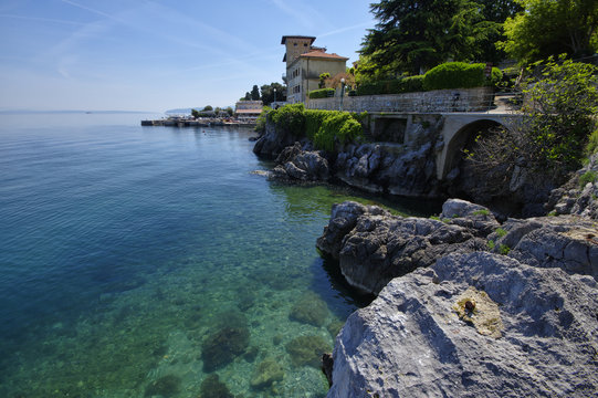 The landscape of the coastline of Lovran, Lovran is situated on the western coast of the Kvarner Bay, Croatia