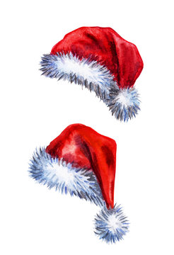 Caps of Santa Claus. Watercolor drawing on a white background with clipping paths. Details for the New Year's designs.