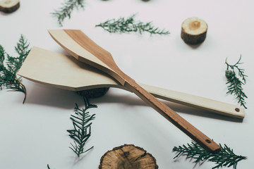 Rustic Kitchen Decoration with wooden cutlery. Country kitchen decoration.