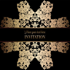 Vintage baroque Wedding Invitation template with damask background. Tradition decoration for wedding. Vector illustration in black and gold