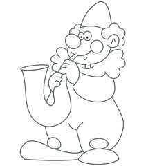 Clown playing saxophone. Coloring book page