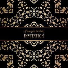 Vintage baroque Wedding Invitation template with damask background. Tradition decoration for wedding. Vector illustration in black and gold