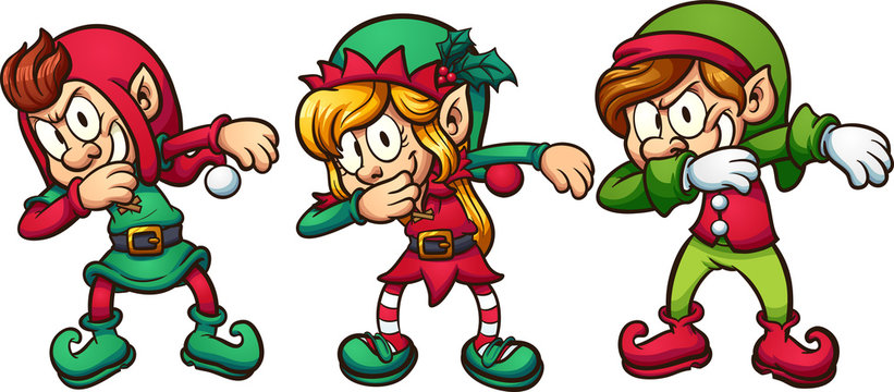 Cartoon dabbing Christmas elves. Vector clip art illustration with simple gradients. Each on a separate layer. 