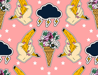 Seamless summer pattern. Set of stickers, pins, patches and handwritten notes collection in cartoon.Banana, ice cream, and cloud. Vector illustration