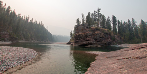 Point where the Flathead and Spotted Bear Rivers merge in the Bob Marshall wilderness area during...
