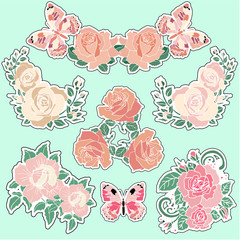 Set of roses and butterfly patches elements. Set of stickers, pins, patches and handwritten notes collection in cartoon 80s-90s comic style.Vector stikers kit