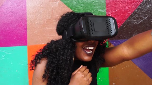 Woman interact VR headset