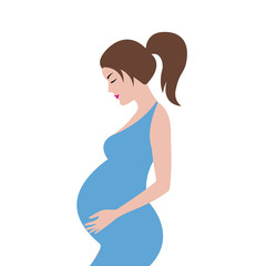 Simple cute colorful vector illustration of pregnant brown hair woman with ponytail in blue dress.