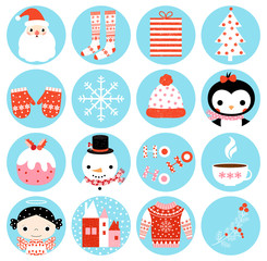 Cute vector winter round icons with Christmas symbols in blue circles for stickers
