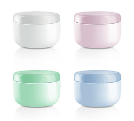 Mock up cosmetic realistic colorful plastic cream bottles set isolated on white background. Beauty product package template, vector illustration.