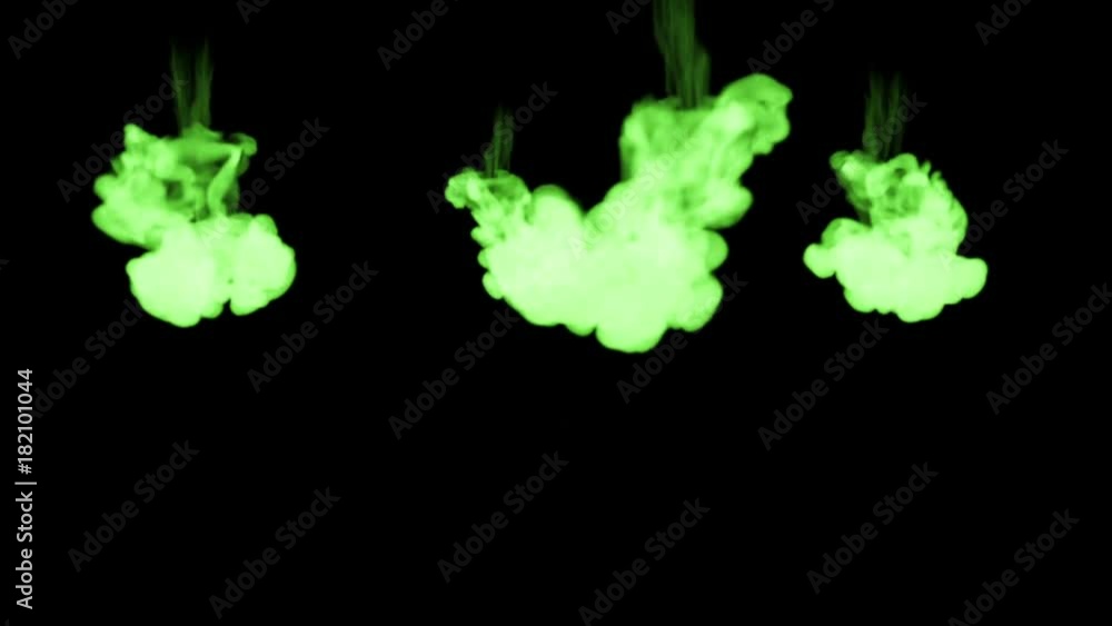Poster fluorescent bright green color mixing in water , many drops ink . this is 3d render shot in slow mot