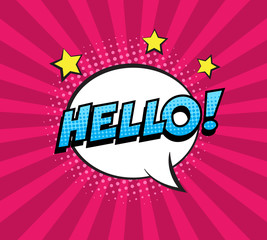 Retro comic speech bubble with colorful halftone shadow on pink stripes pattern. Expression text HELLO. Vector illustration, vintage design, pop art style.