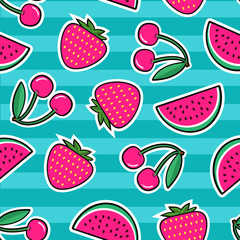 Summer colorful bright seamless pattern with patches of red strawberry, cherry, watermelon on green background. Fashion patches and stickers. Vector illustration.