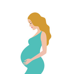 Simple cute colorful vector illustration of pregnant blond hair woman in green dress.