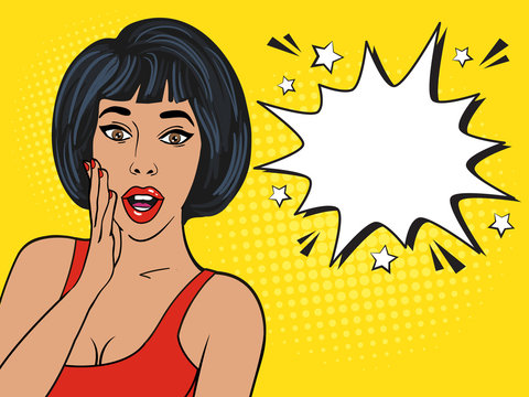 Sexy surprised brunette girl in red dress on yellow background. Comic speech empty bubble for your text. Colorful vector illustration of latin woman face,vintage comic design, pop art style background