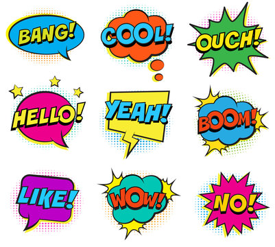 Retro colorful comic speech bubbles set with halftone shadows on white background. Expression text BANG, OUCH, NO, HELLO, YEAH, BOOM, LIKE, COOL, WOW. Vector illustration, pop art style.