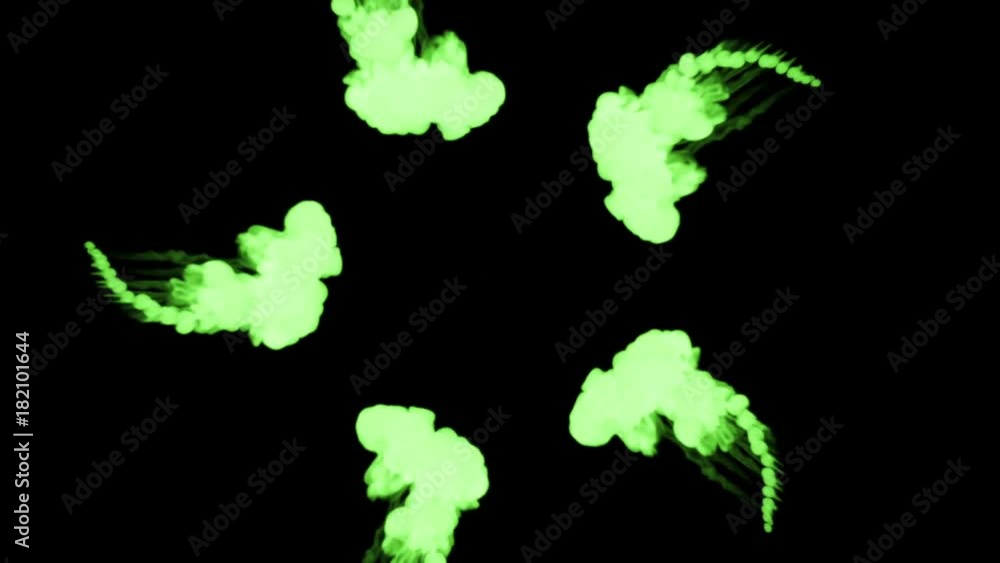 Poster fluorescent bright green ink or smoke in water forming circle. this is 3d render shot in slow motion