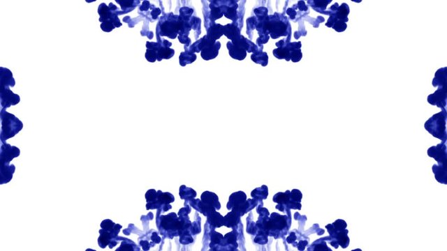 Abstract background of ink or smoke flows is kaleidoscope or Rorschach inkblot test7. Isolated on white in slow motion. Blue Ink curls in water. For alpha channel use luma matte as alpha mask