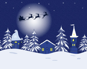 Fototapeta premium Fairy tale winter landscape. Santa Claus is riding across the sky on deers. There are fantastic lodges and fir trees on a blue background in the picture. It can be used as a seamless border. Vector
