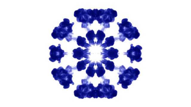 Abstract background of ink or smoke flows is kaleidoscope or Rorschach inkblot test5. Isolated on white in slow motion. Blue Ink fall in water. For alpha channel use luma matte as alpha mask