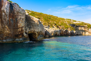 Fototapeta premium Blue Caves near Skinari Cape on Zakynthos Island, Greece.