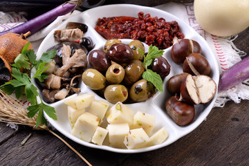 Tray and bowls with starters and snacks