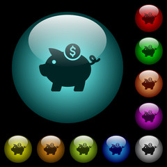 Dollar piggy bank icons in color illuminated glass buttons