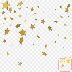3d Gold stars. Confetti celebration, Falling golden abstract decoration for party, birthday celebrate, anniversary or event, festive. Festival decor. Vector illustration