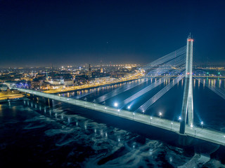 Riga city bridge And Old Town Autumn Drone flight trafics and cars above