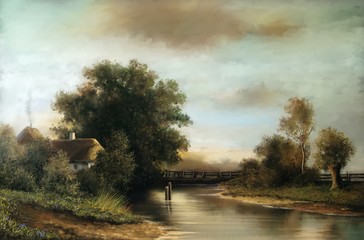 Oil rural  landscape paintings, village, river - 182106236