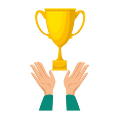hands with trophy cup award icon vector illustration design