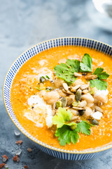 Vegetarian Soup from carrots, tomatoes, brocolli and chickpeas