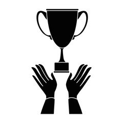 hands with trophy cup award icon vector illustration design