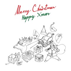 Hand Drawn of Santa Claus with Sleigh and Gifts