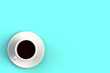 Morning coffee concept on blue background, Top view with copyspace for your text, 3D rendering