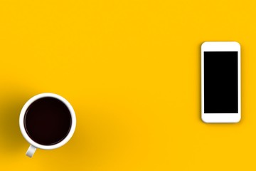 Coffee cup with smart phone on yellow background, Top view with copyspace for your text, 3D rendering