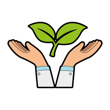 hands with leafs plant vector illustration design