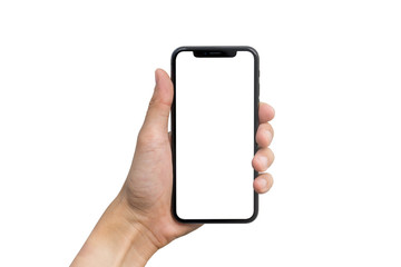 Man's hand shows mobile smartphone with white screen in vertical position isolated on white...