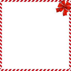 Christmas or new year frame with red and white striped lollipop pattern and red festive bow in the corner. Festive border. Vector illustration. template with space for text.